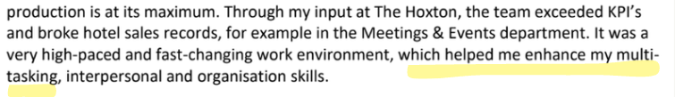 Snippet of Vik's Cover Letter mentioning her multitasking abilities.