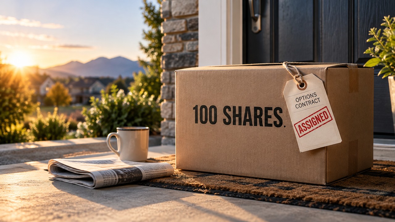Option assignment: a delivery box marked 100 shares with an options contract tag stamped assigned