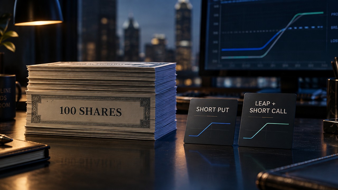 Synthetic covered call: a stack of 100 share certificates beside cards for the short put and LEAP plus short call versions