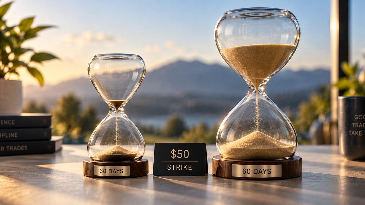 Calendar spread options: a 30 day and a 60 day hourglass either side of a $50 strike card