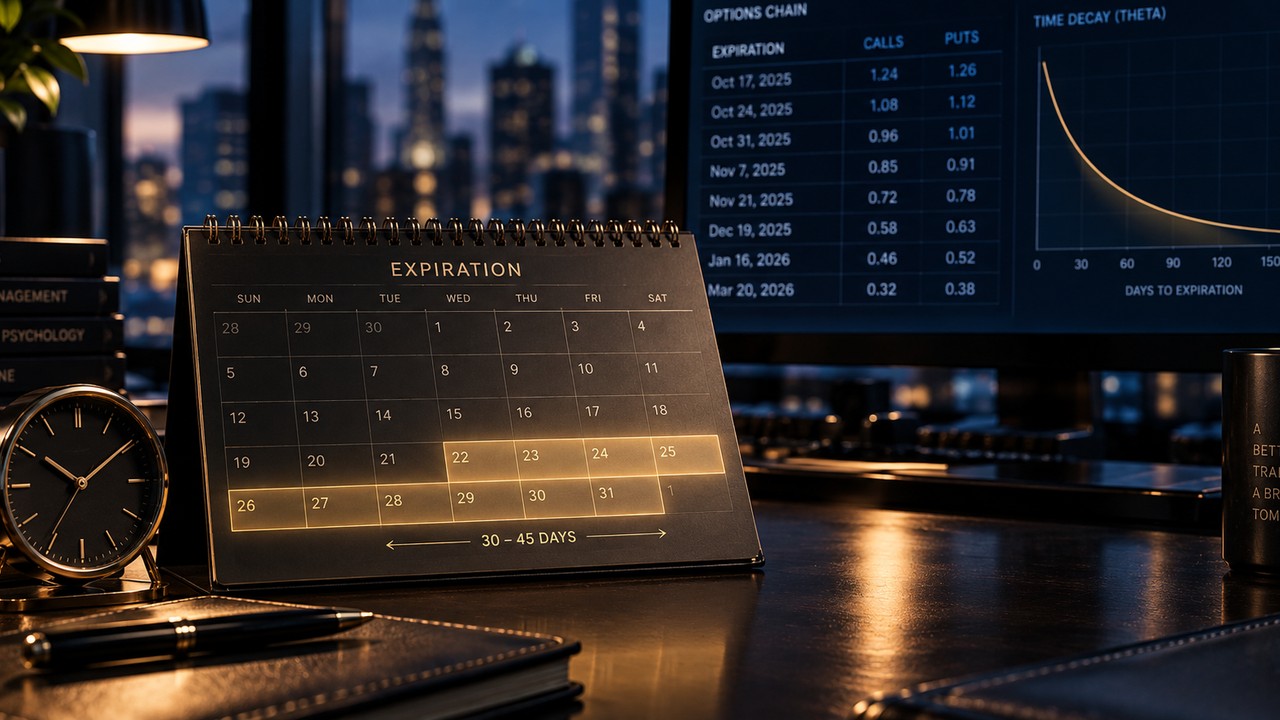 How far out to sell covered calls: a desk calendar with a 30 to 45 day window highlighted beside an options chain and time decay curve