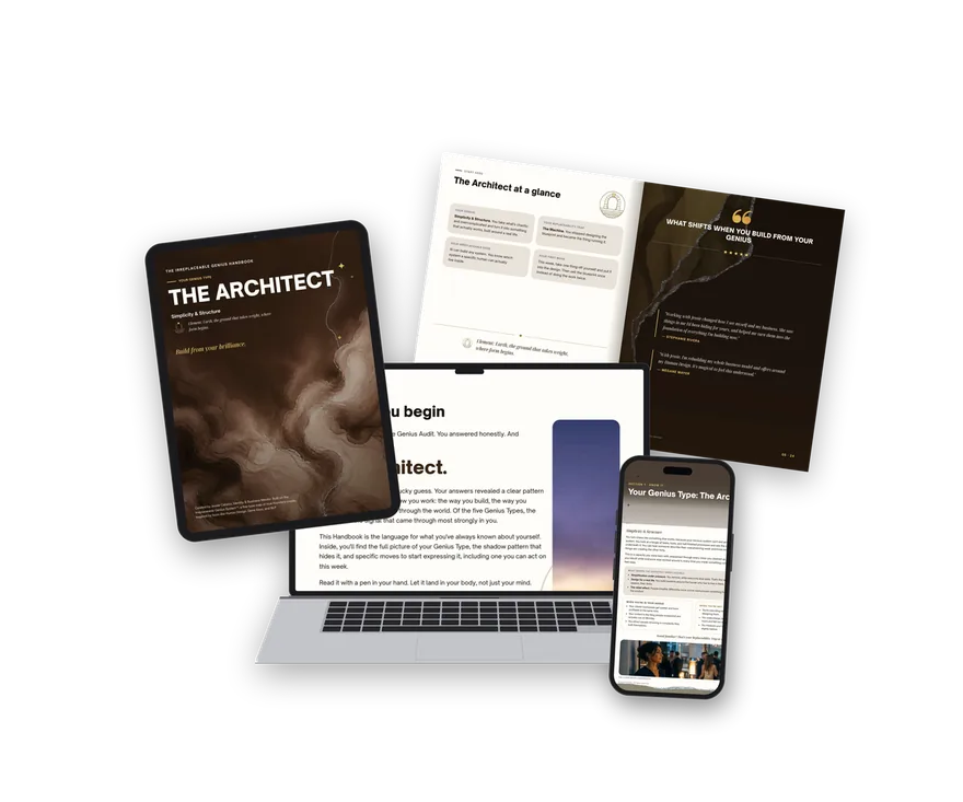 The Irreplaceable Genius Handbook - The Architect, shown on tablet, laptop, phone and print