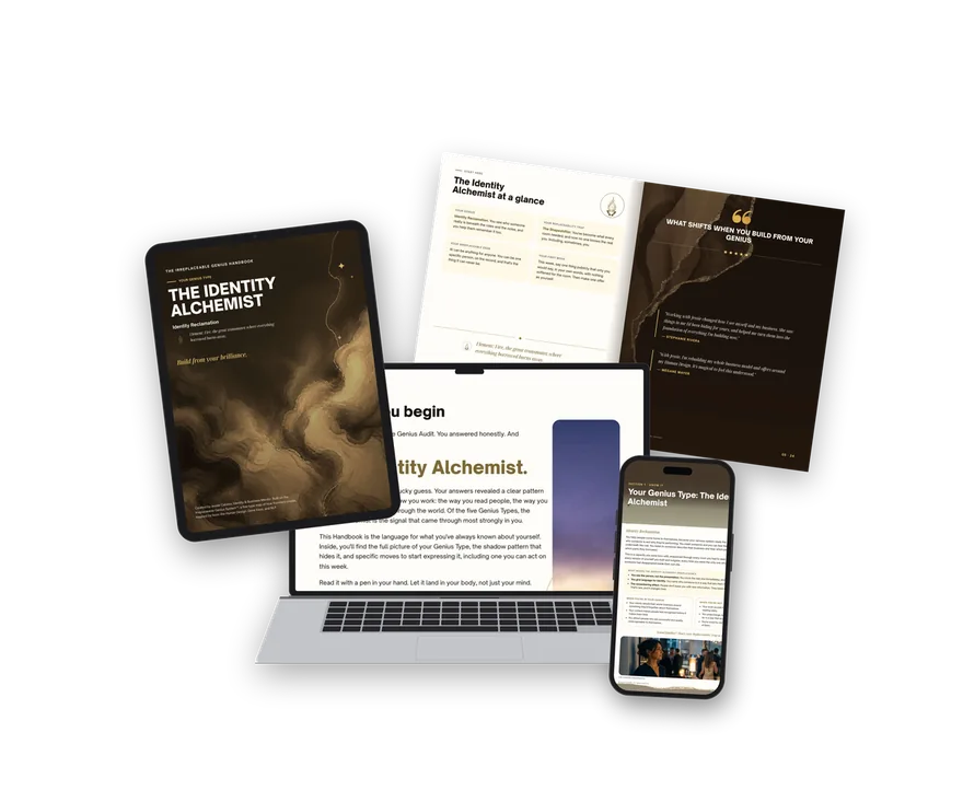 The Irreplaceable Genius Handbook - The Identity Alchemist, shown on tablet, laptop, phone and print
