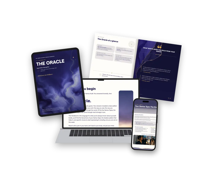 The Irreplaceable Genius Handbook - The Oracle, shown on tablet, laptop, phone and print