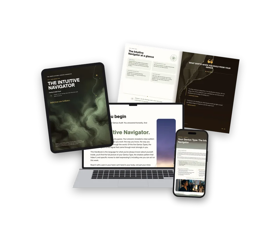The Irreplaceable Genius Handbook - The Intuitive Navigator, shown on tablet, laptop, phone and print