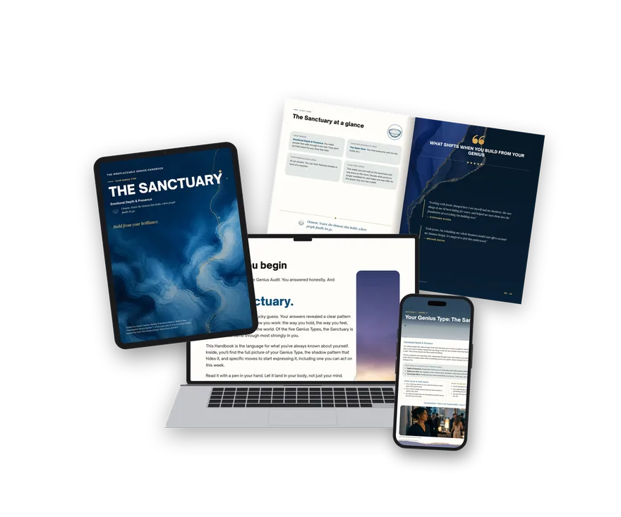 The Irreplaceable Genius Handbook - The Sanctuary, shown on tablet, laptop, phone and print
