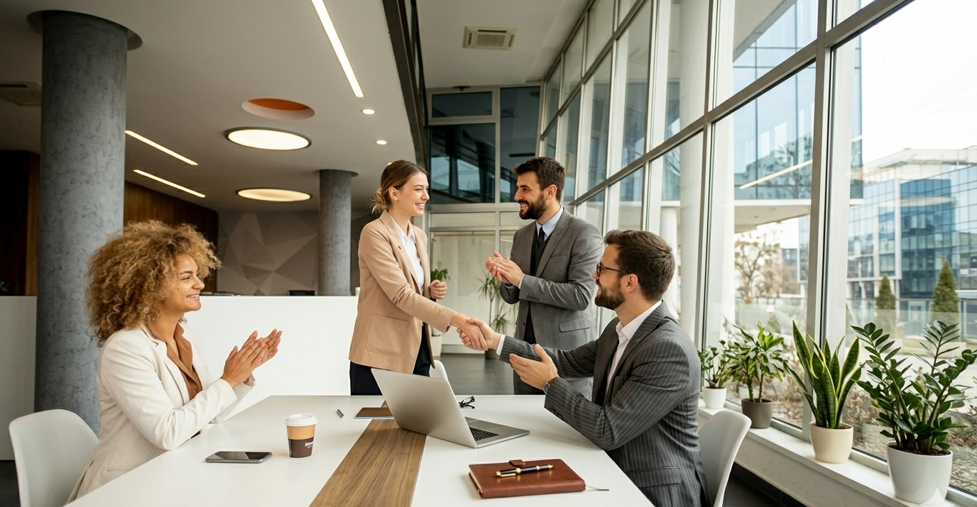 Aviation professionals shaking hands in a modern office
