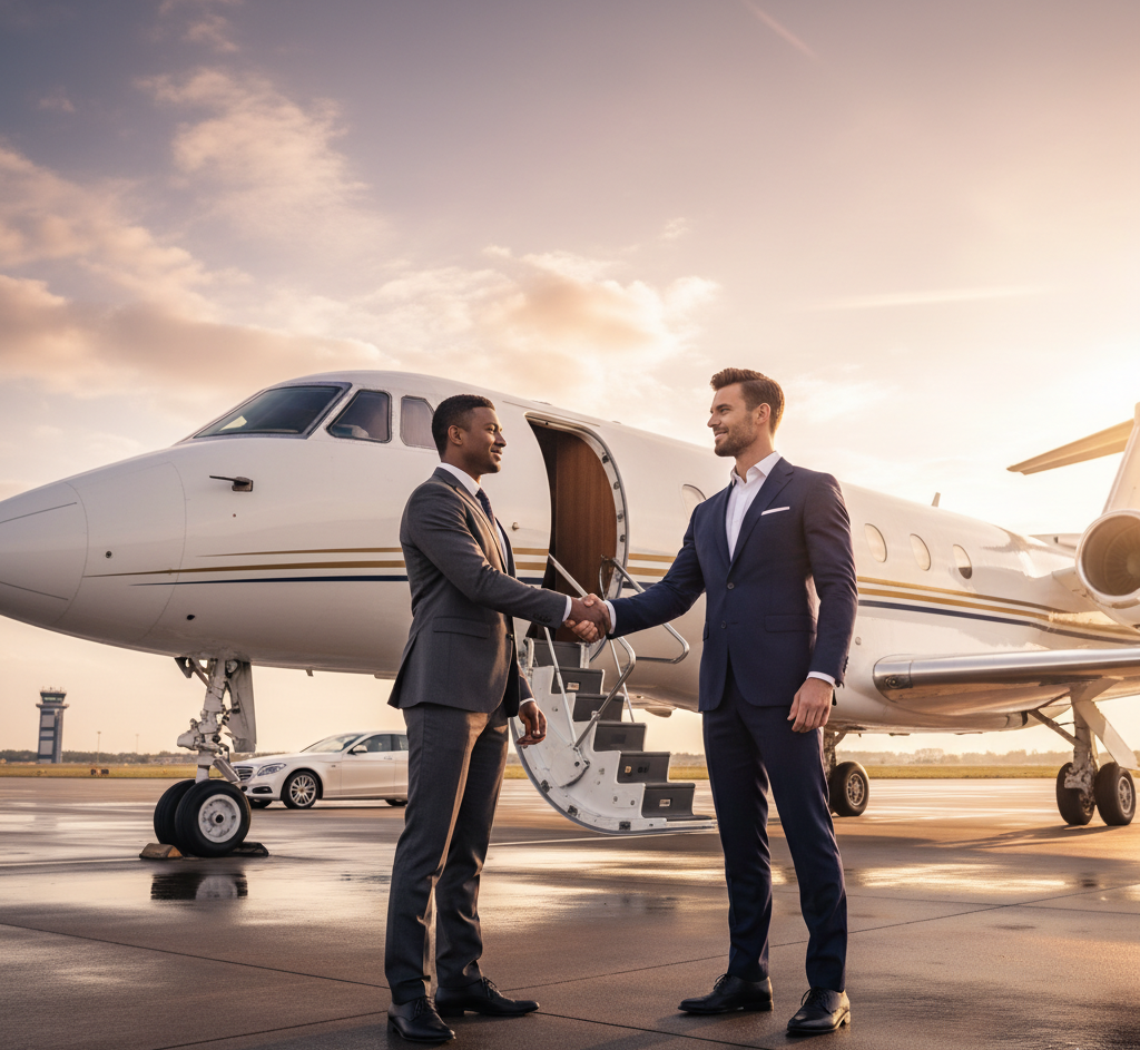 Aircraft brokers meeting a client at a private jet