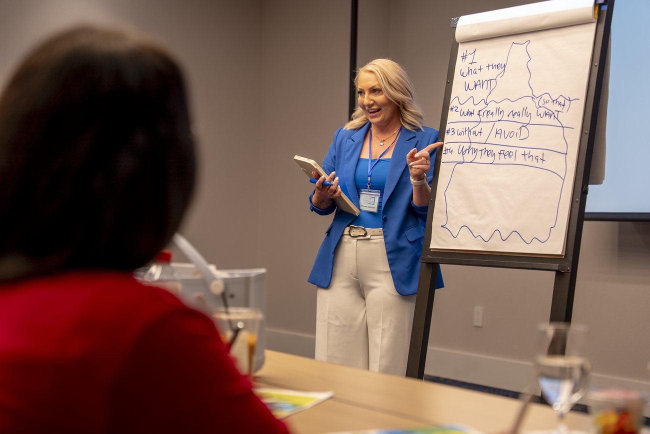 Miranda in a blue blazer smiling and pointing to a flip chart iceberg drawing: what they want, what they really really want, without or avoid, why they feel that