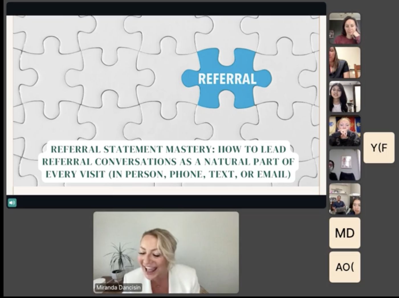 Miranda laughing during a live Referral Statement Mastery training on Zoom