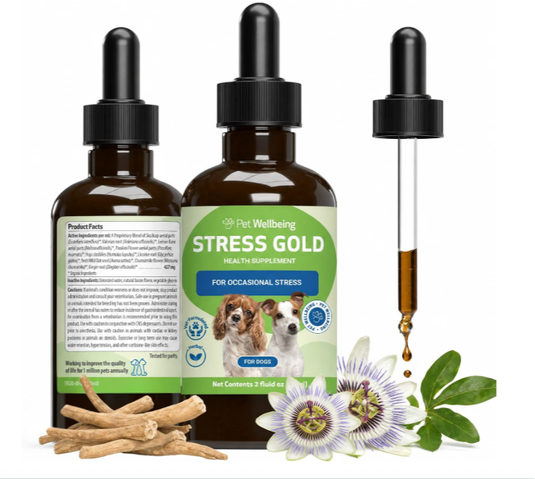 Pet Wellbeing Stress Gold for Dogs - Situational Stress Support, 2 oz NASC Certified & Vet-Formulated Liquid Calm Supplement with Valerian & Skullcap for High Stress, Travel, Thunder & Vet Visits