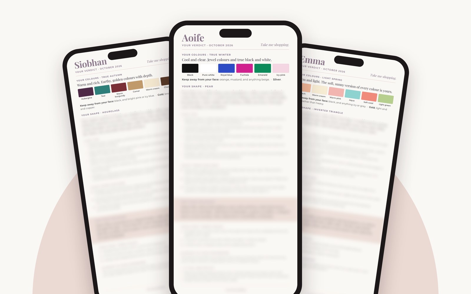 Three example Verdict cards on phones, showing different colour seasons and body shapes