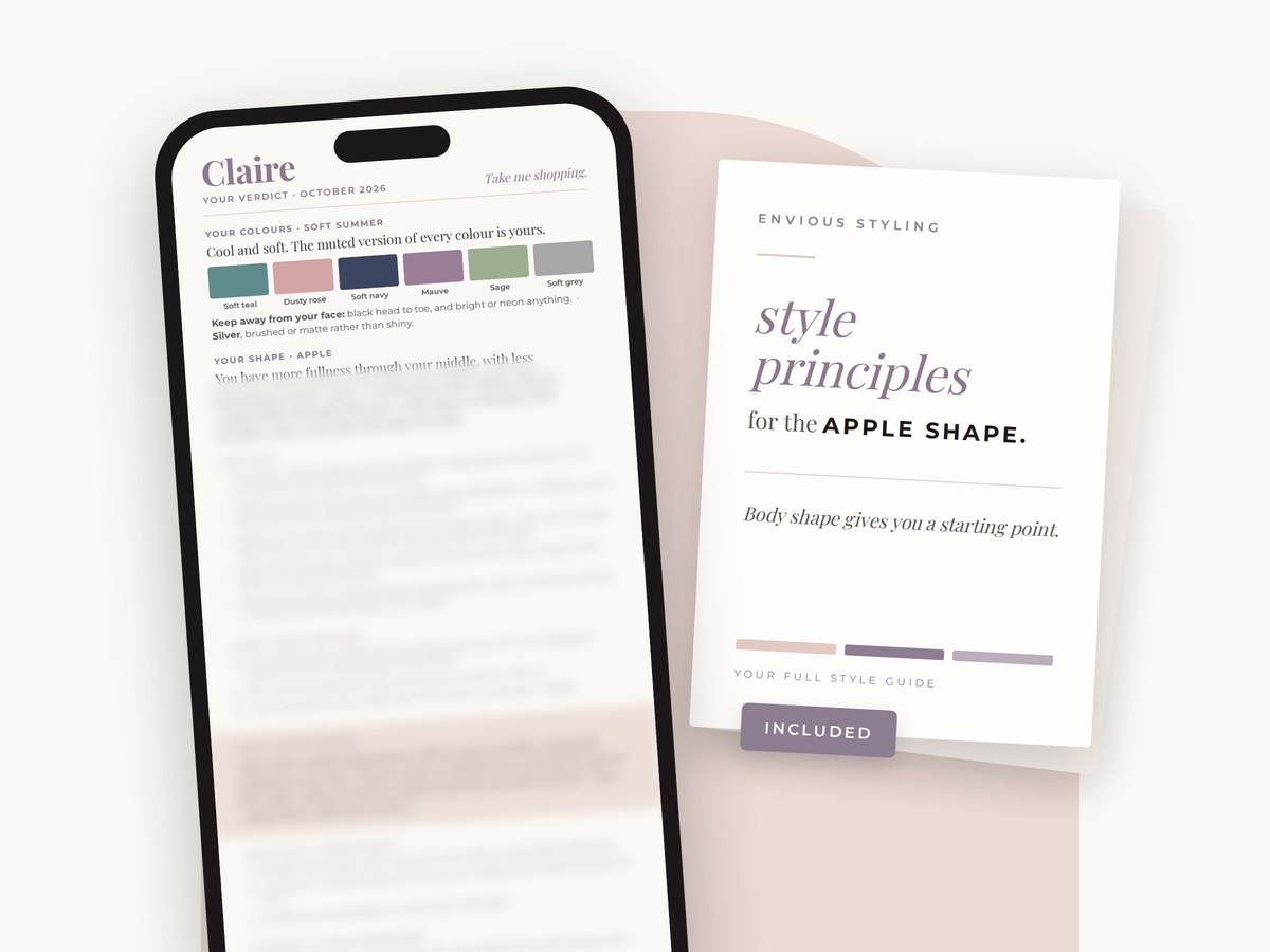 A Verdict card on a phone beside the full style guide for her shape, which is included