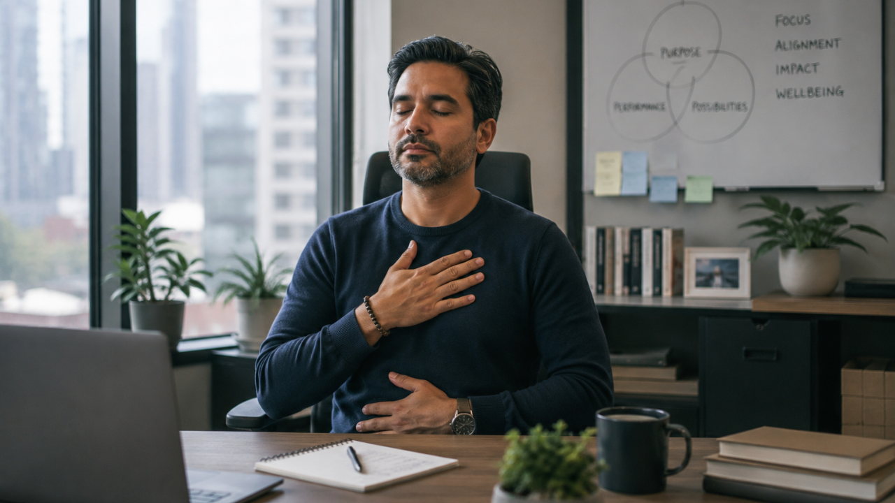 man at desk eyes closed with one hand on heart one hand on belly