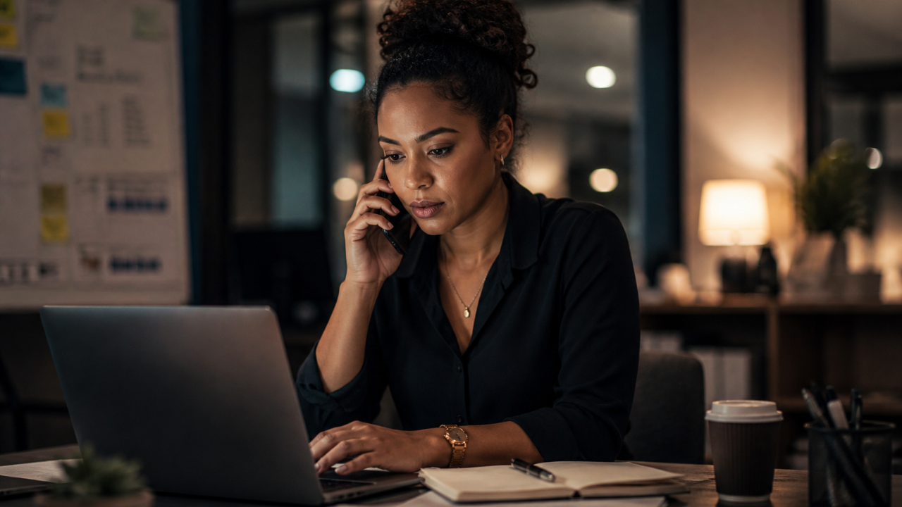 Person focused on computer and phone late at night in modern office
