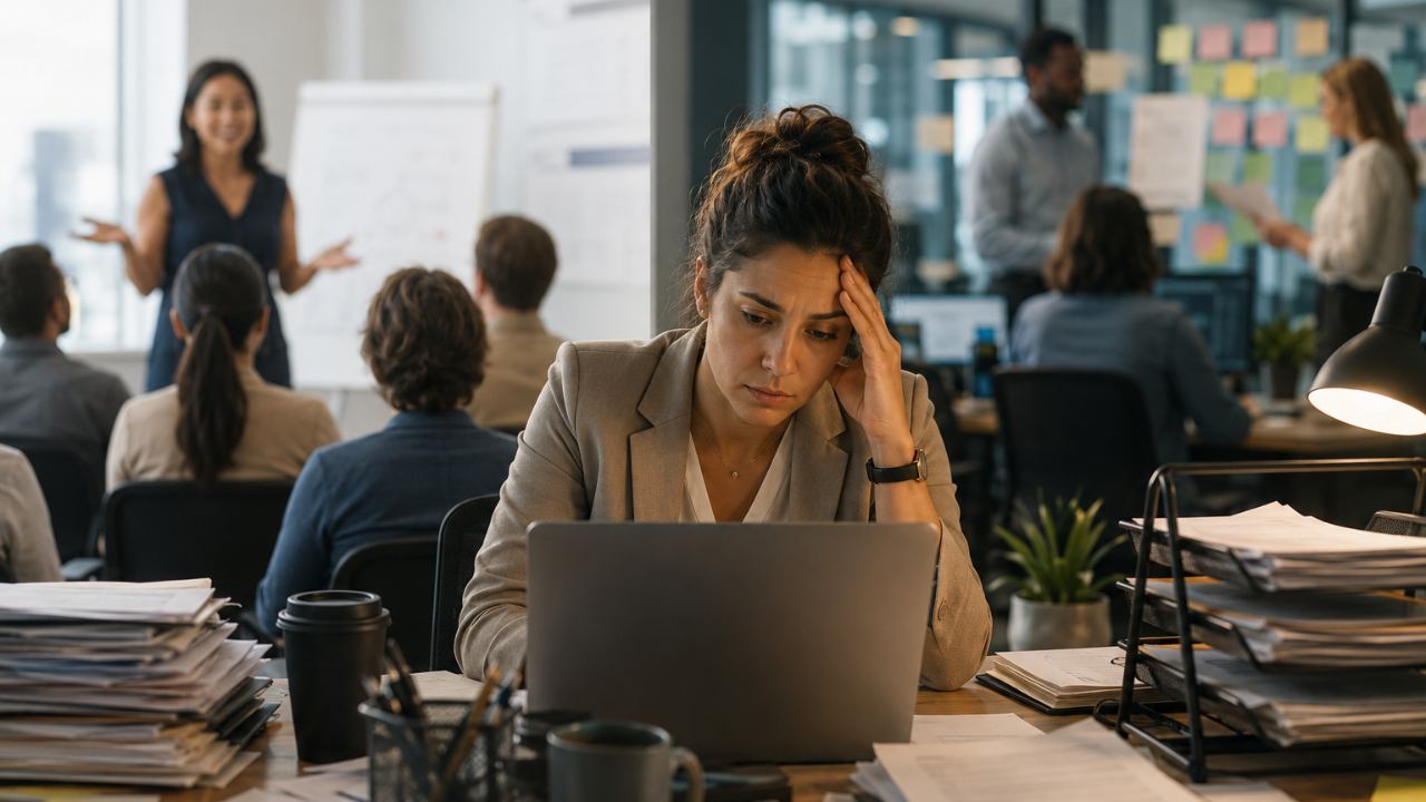 person at laptop overwhelmed with leader facilitating group behind her