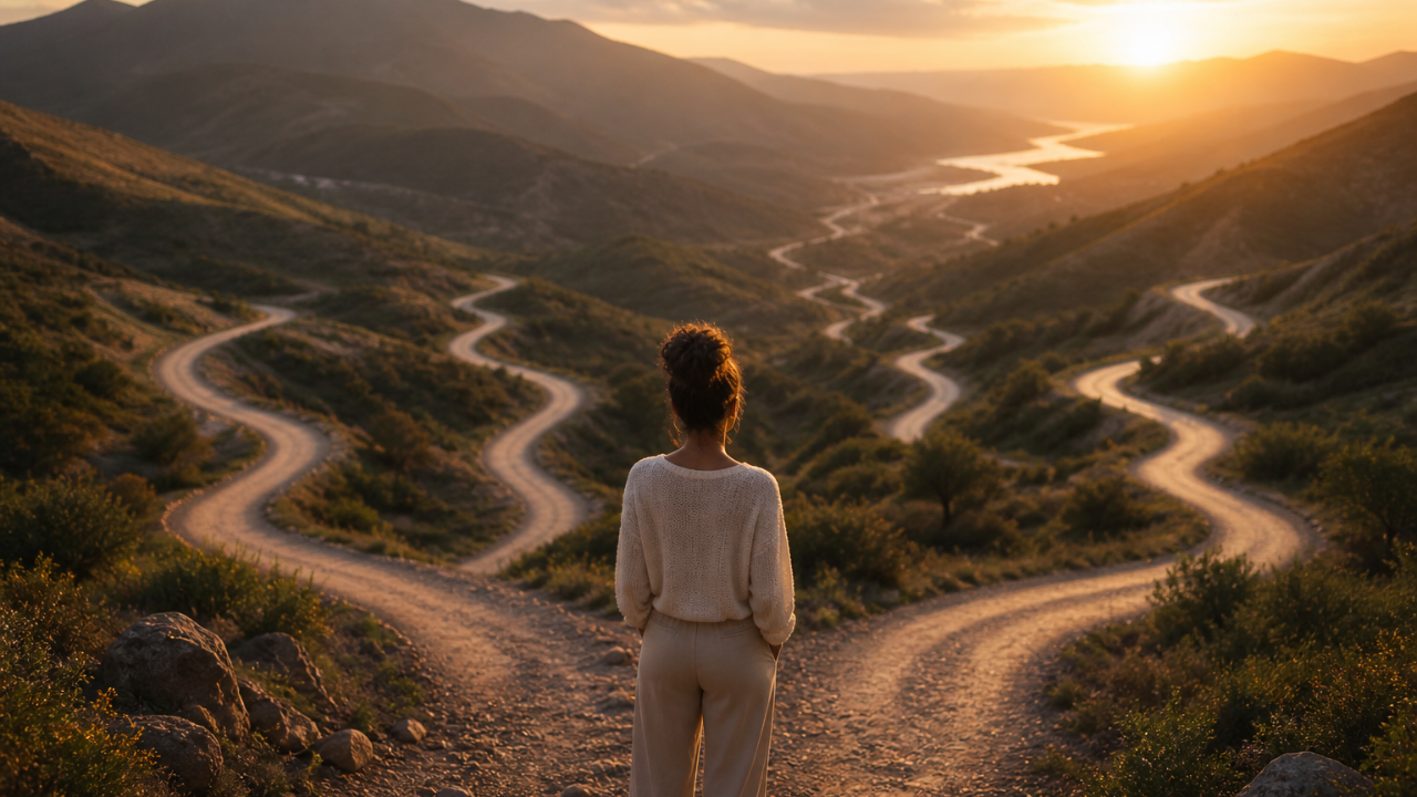A person standing in a front of a mountain with 4 different winding paths in front of them