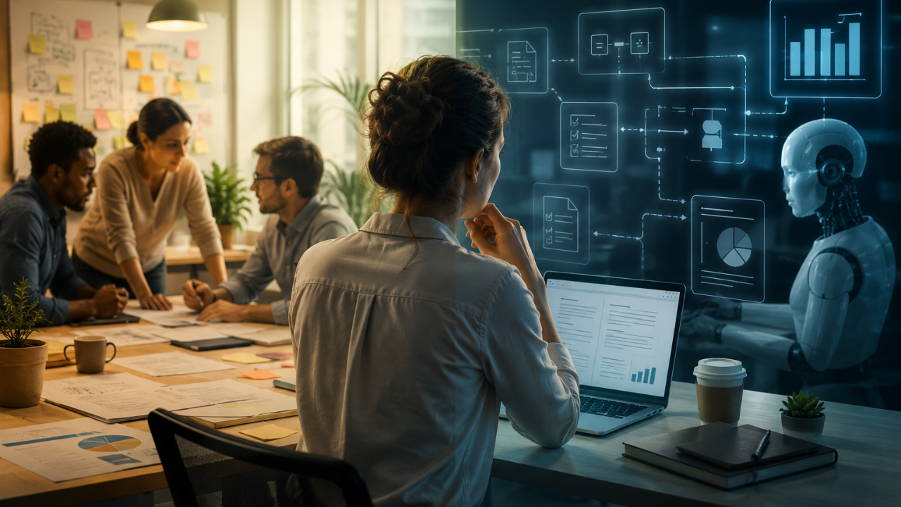 side-by-side image of human sitting around a table at work compared to a human + AI at work