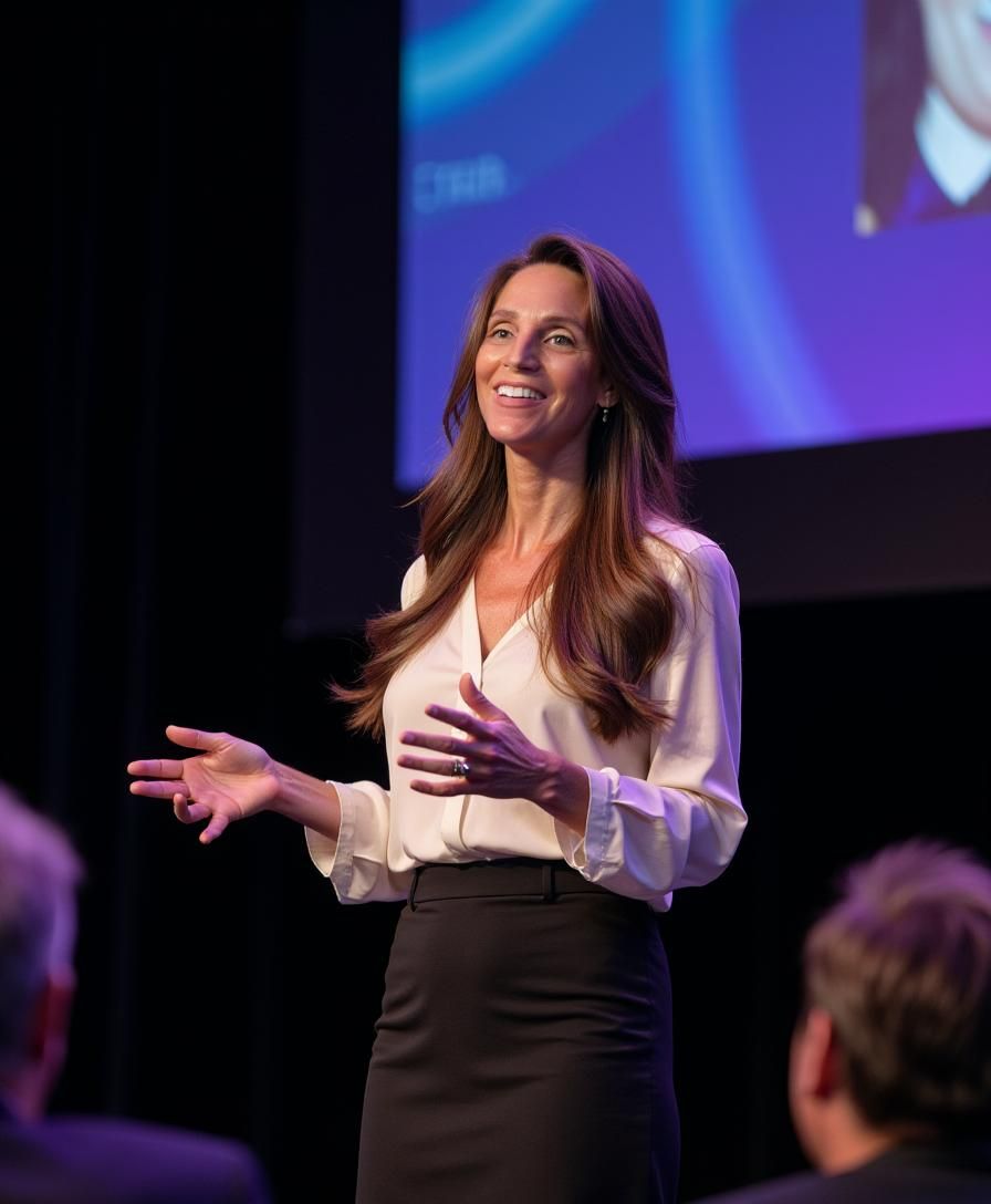 Christina Pate with long brown hair wearing a white blouse and black skirt  standing on stage giving a speech with a big screen behind her.