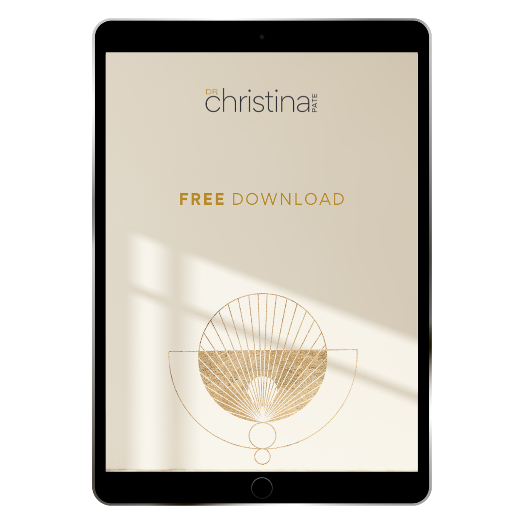A tablet with Dr. Christina Pate as a logo at the top and the words free download in the middle.