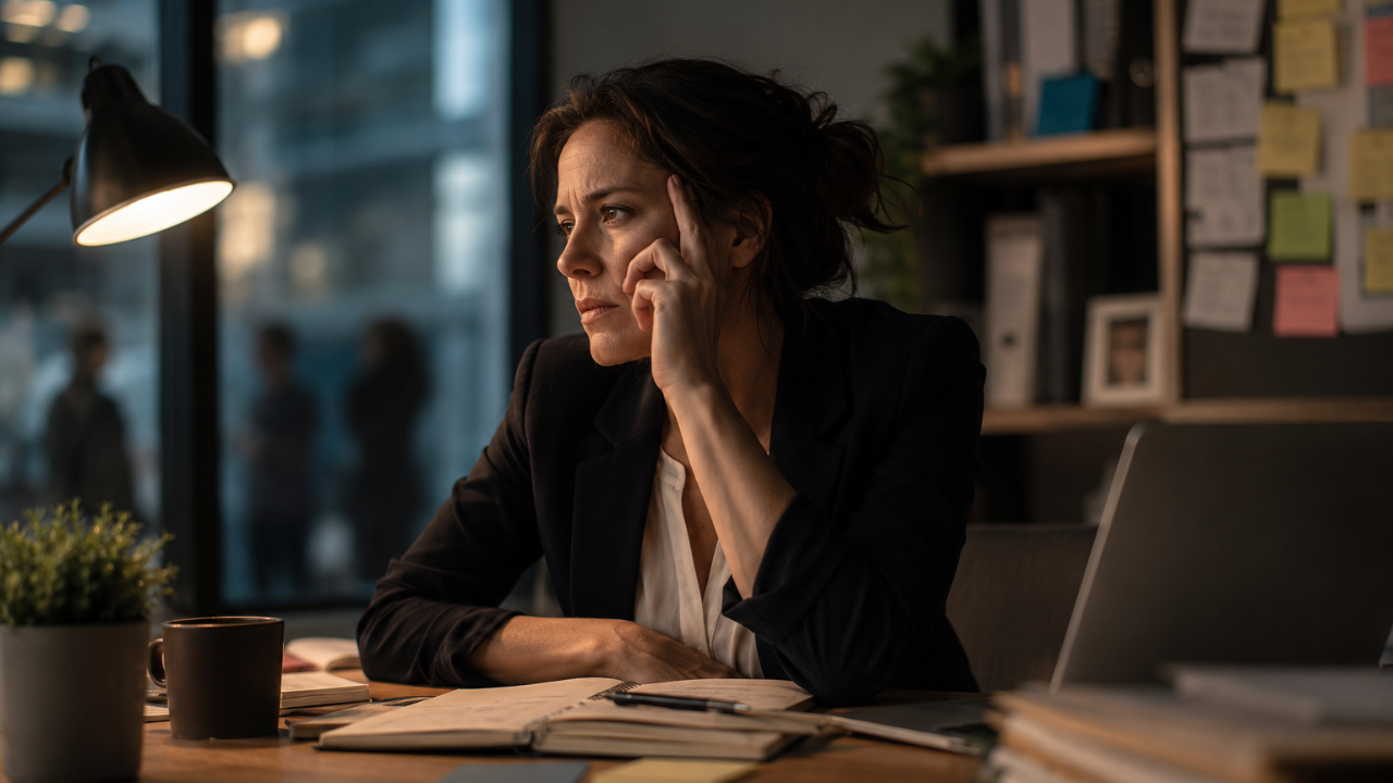 woman looking tired at her desk staring at computer in modern office
