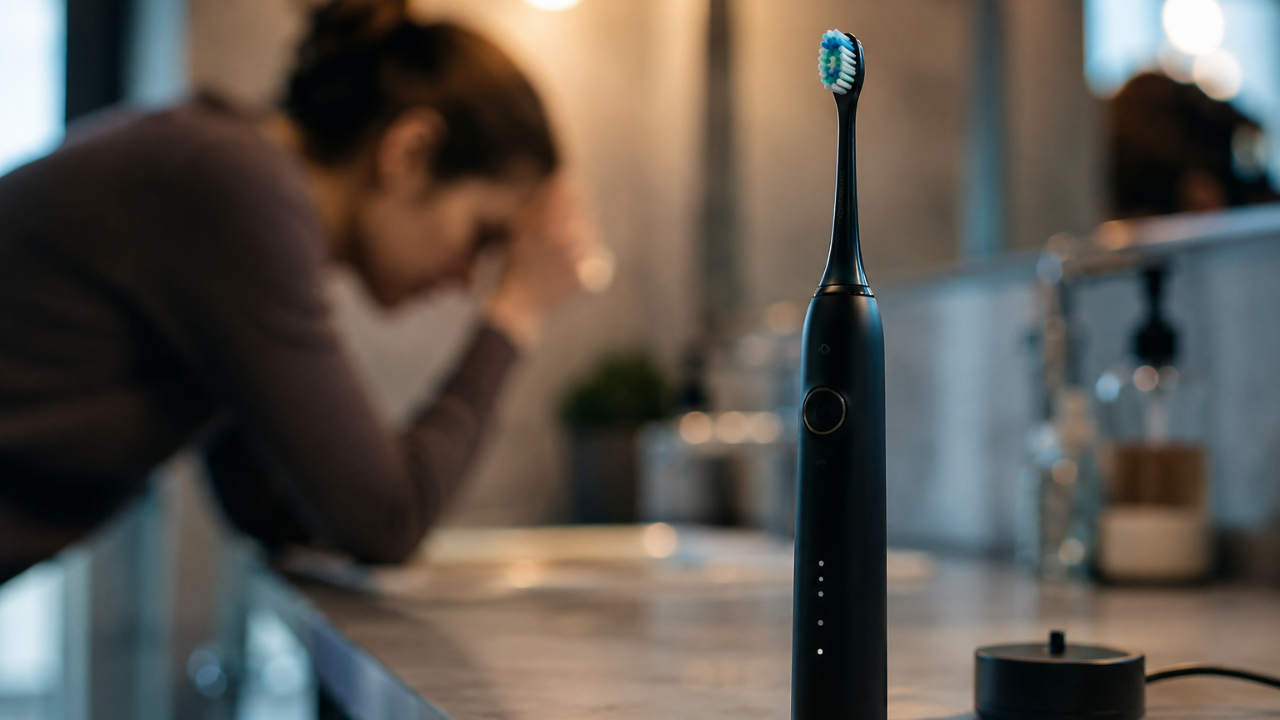 woman leaned over sink with electric toothbrush off charger