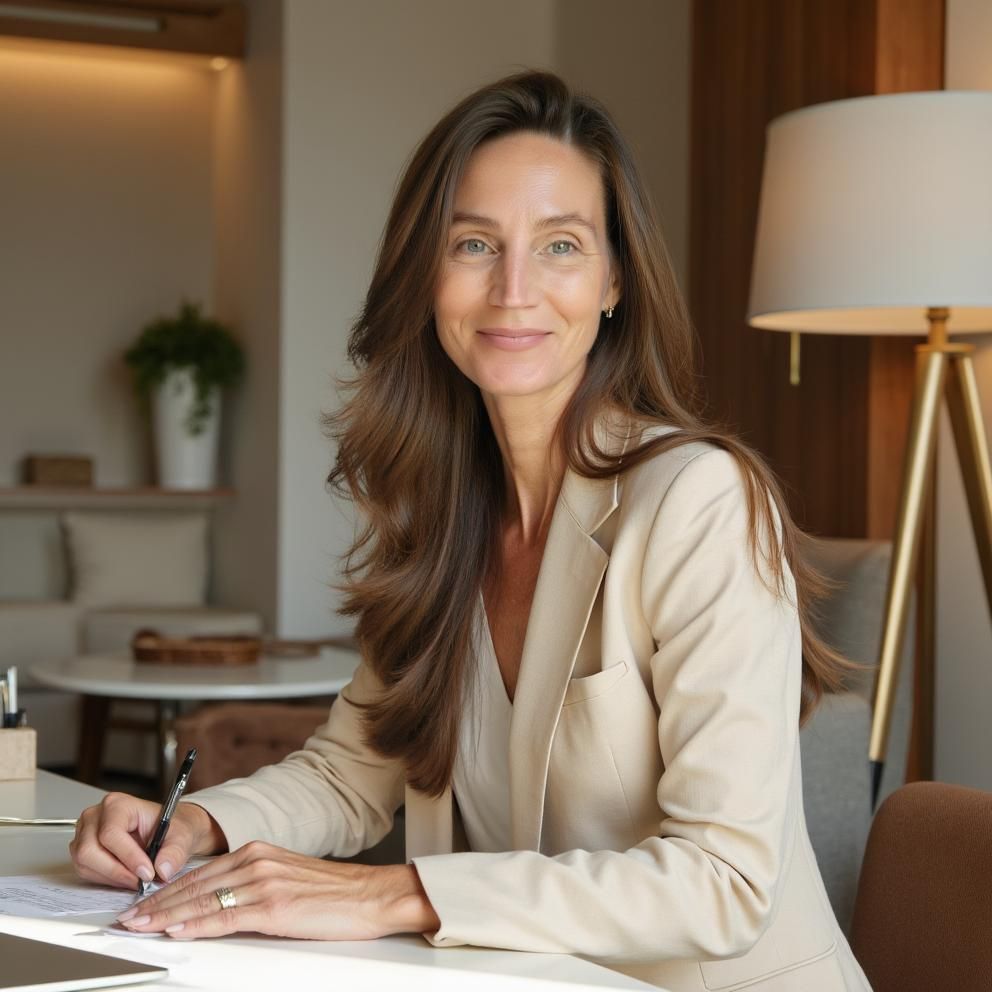 Christina Pate turning head with long brown hair parted to one side wearing a tan colored blazer and white top sitting at a desk holding a black pen in her right hand.