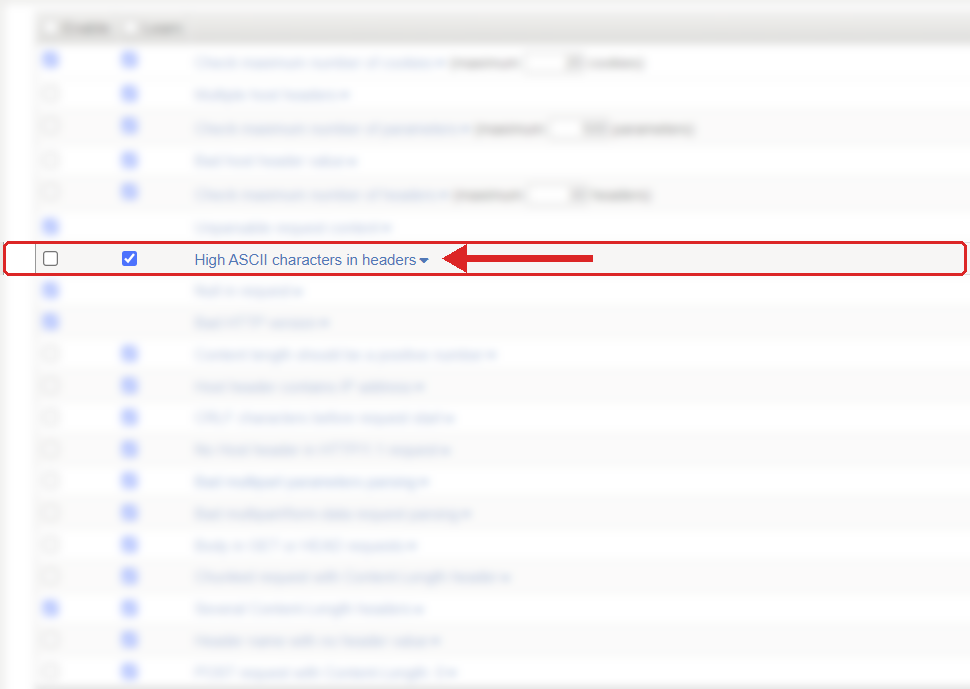 F5 ASM Learning and Blocking Settings, HTTP protocol compliance list with High ASCII characters in headers highlighted