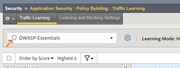Traffic Learning page with the OWASP-Essentials policy selected, showing the outline shield icon of a transparent policy