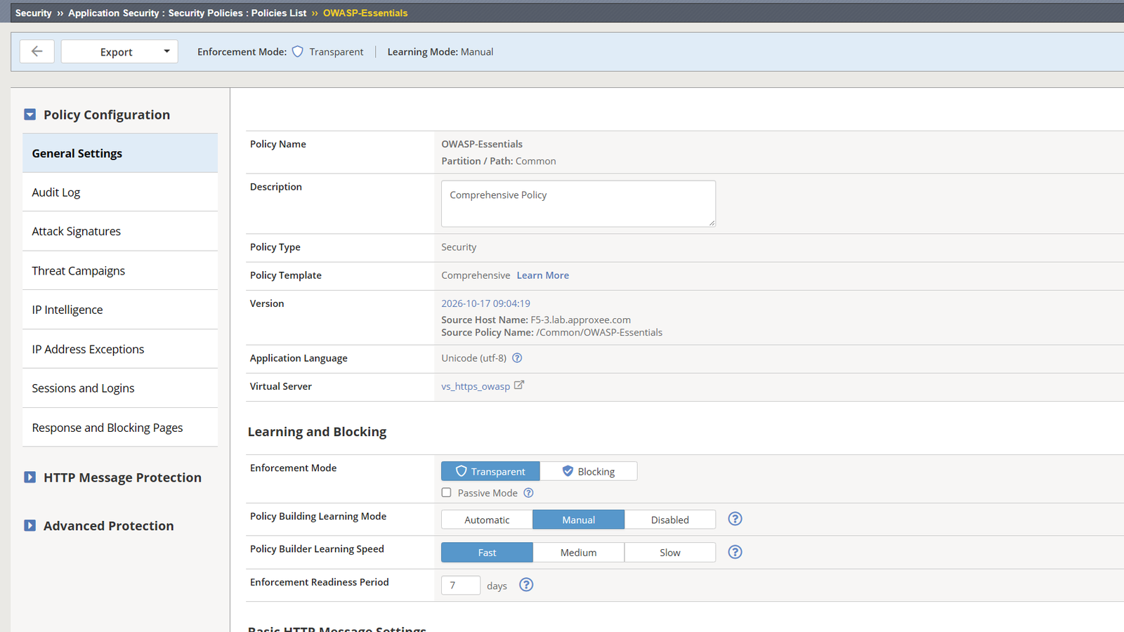 ASM policy General Settings for the OWASP-Essentials policy