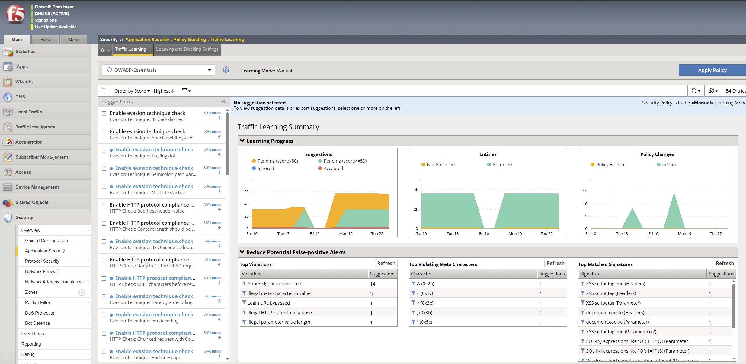 ASM Traffic Learning screen with pending suggestions and learning progress graphs