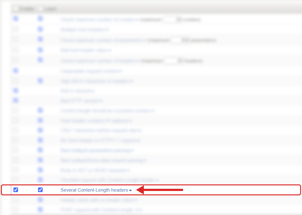 F5 ASM Learning and Blocking Settings, HTTP protocol compliance list with Several Content-Length headers highlighted