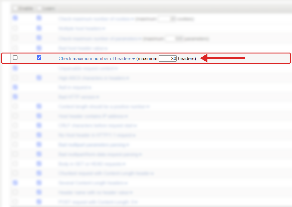 F5 ASM Learning and Blocking Settings, HTTP protocol compliance list with Check maximum number of headers highlighted
