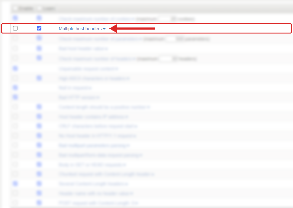 F5 ASM Learning and Blocking Settings, HTTP protocol compliance list with Multiple host headers highlighted