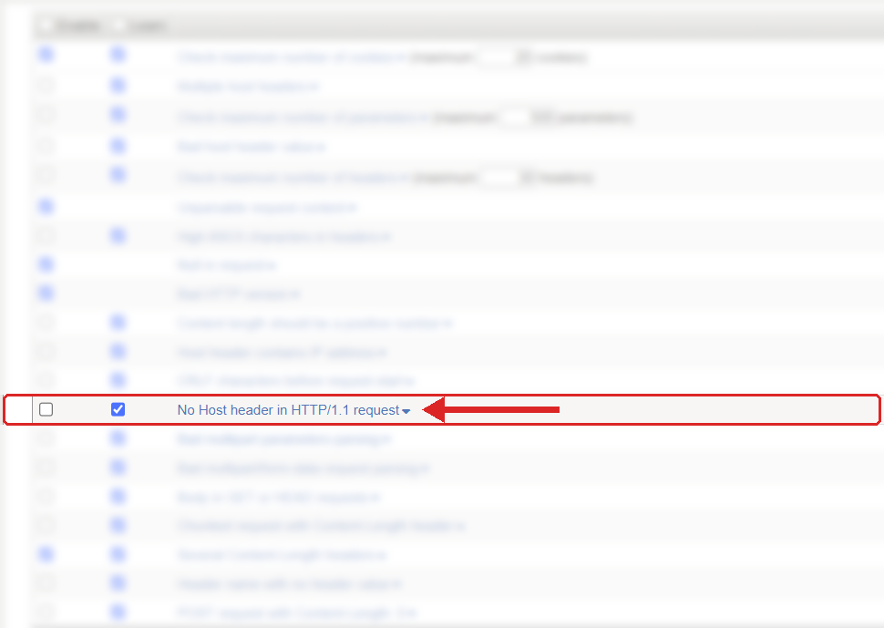 F5 ASM Learning and Blocking Settings, HTTP protocol compliance list with No Host header in HTTP/1.1 request highlighted
