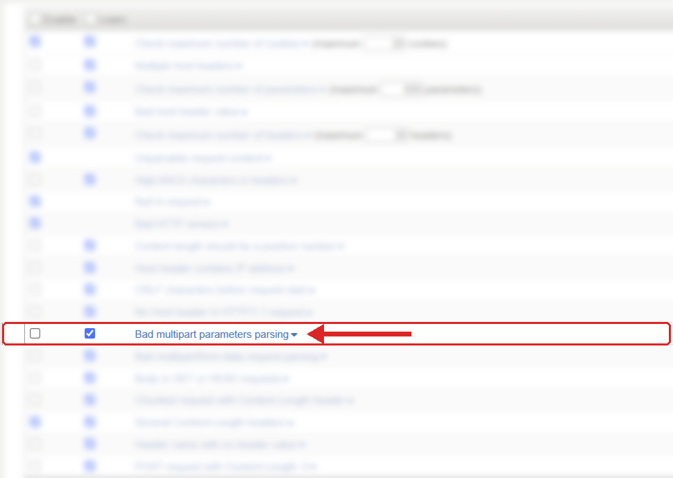 F5 ASM Learning and Blocking Settings, HTTP protocol compliance list with Bad multipart parameters parsing highlighted