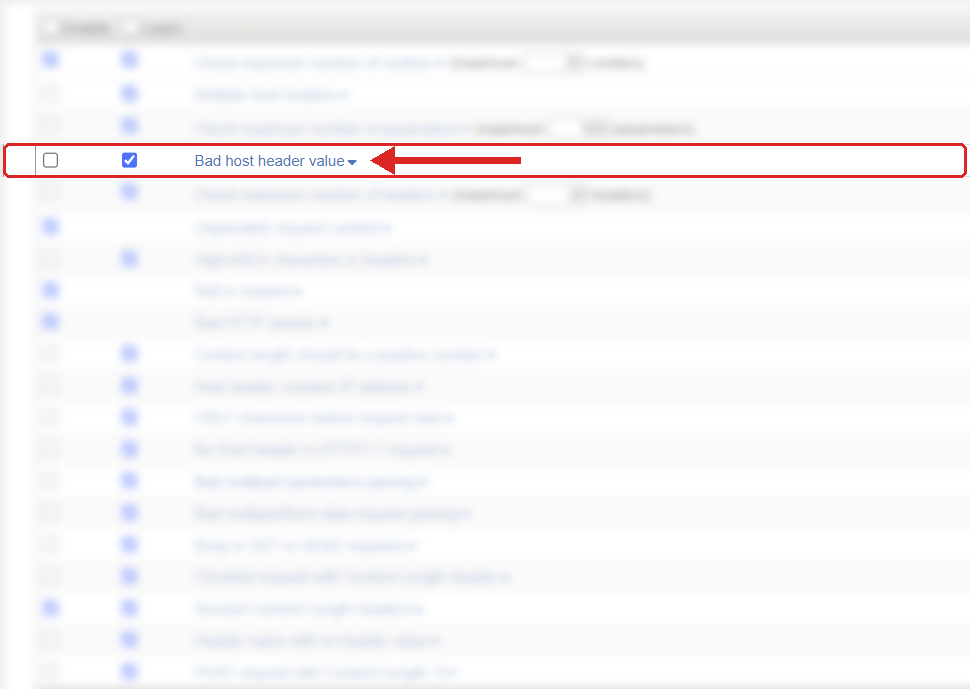 F5 ASM Learning and Blocking Settings, HTTP protocol compliance list with Bad host header value highlighted