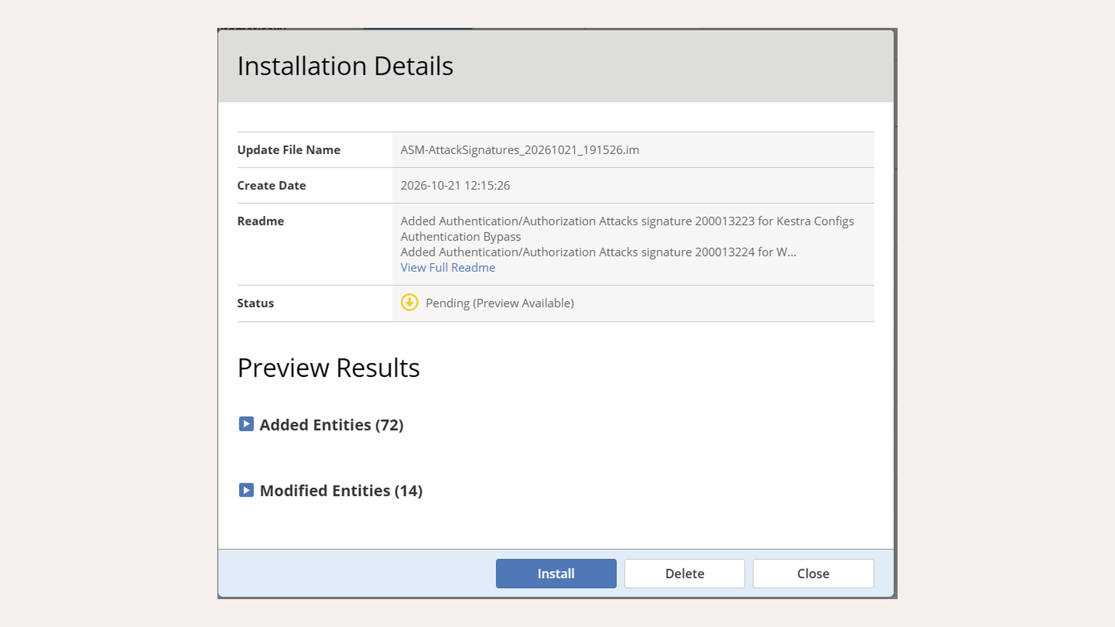 ASM attack signature update installation dialog