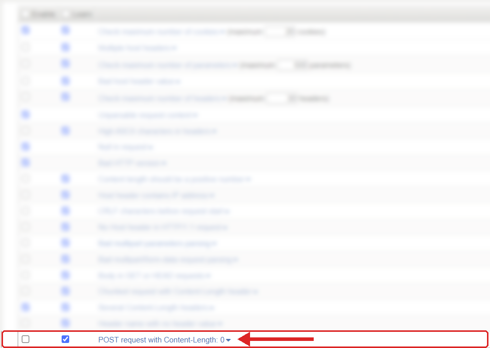 F5 ASM Learning and Blocking Settings, HTTP protocol compliance list with POST request with Content-Length: 0 highlighted