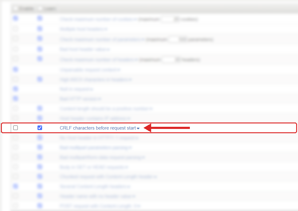 F5 ASM Learning and Blocking Settings, HTTP protocol compliance list with CRLF characters before request start highlighted
