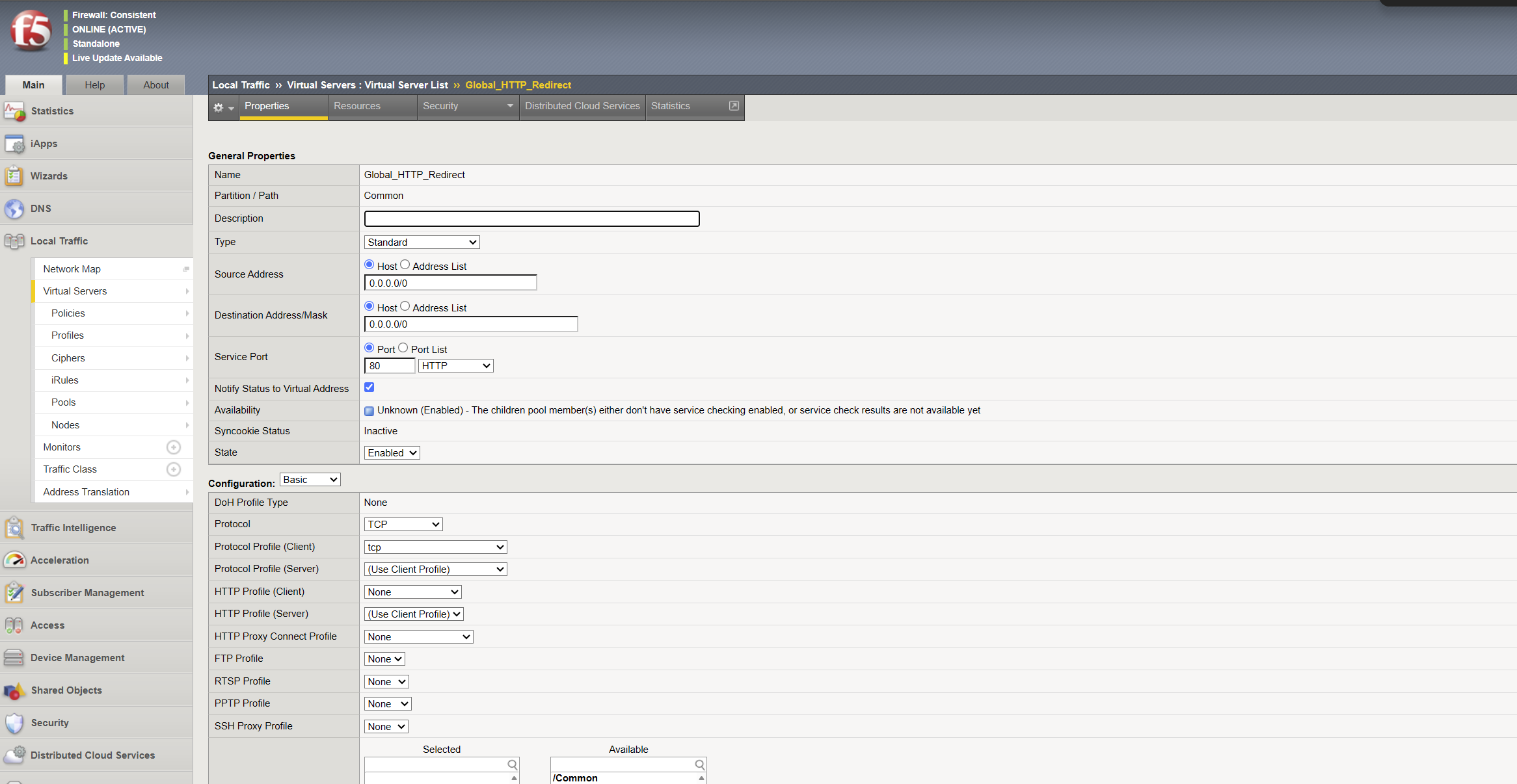 BIG-IP virtual server properties page