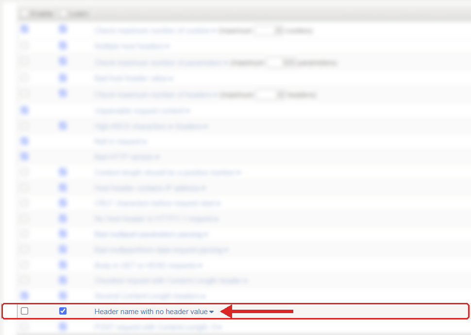 F5 ASM Learning and Blocking Settings, HTTP protocol compliance list with Header name with no header value highlighted