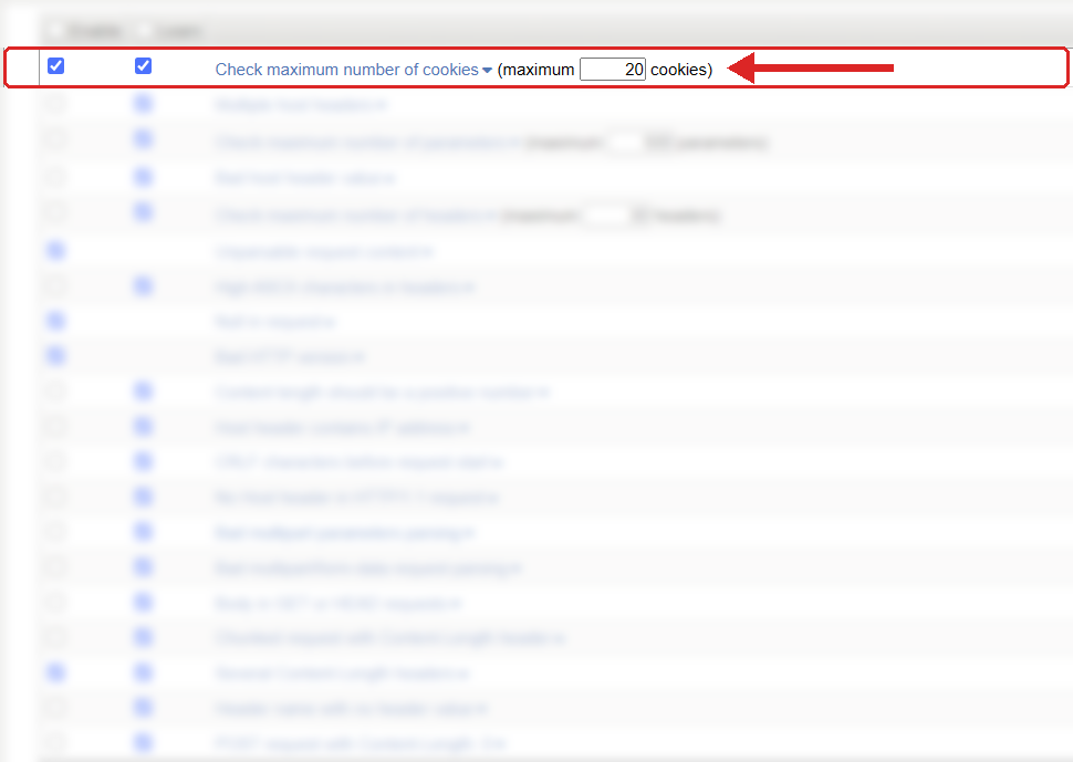 F5 ASM Learning and Blocking Settings, HTTP protocol compliance list with Check maximum number of cookies highlighted