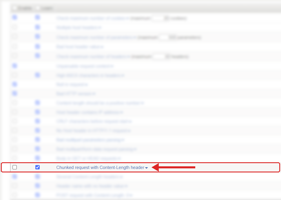 F5 ASM Learning and Blocking Settings, HTTP protocol compliance list with Chunked request with Content-Length header highlighted