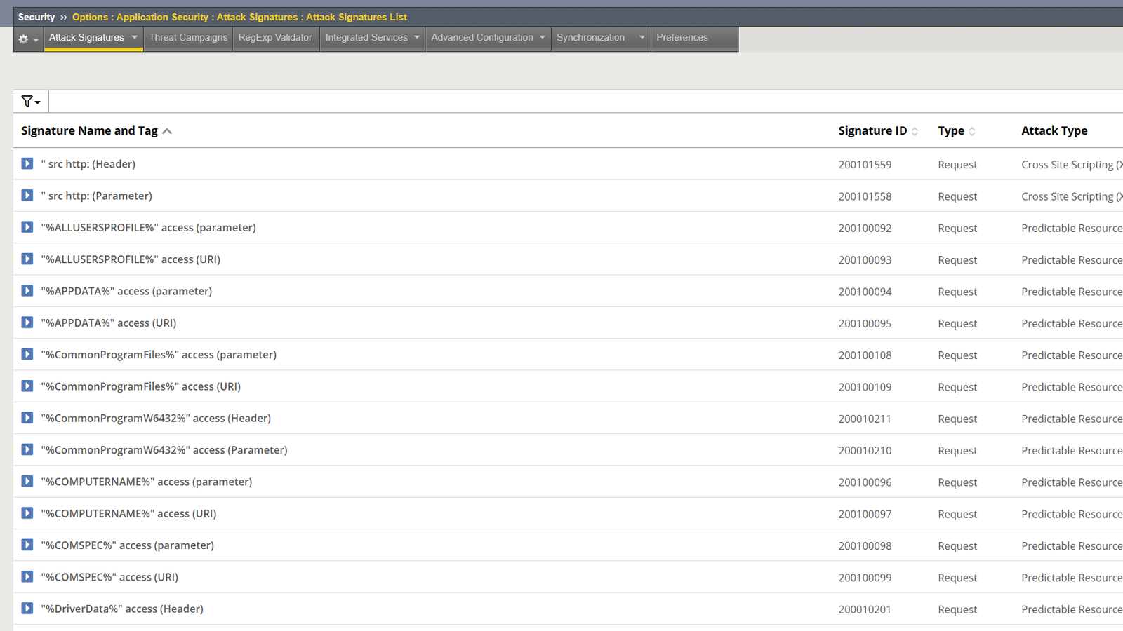ASM attack signature list, 9,509 entries