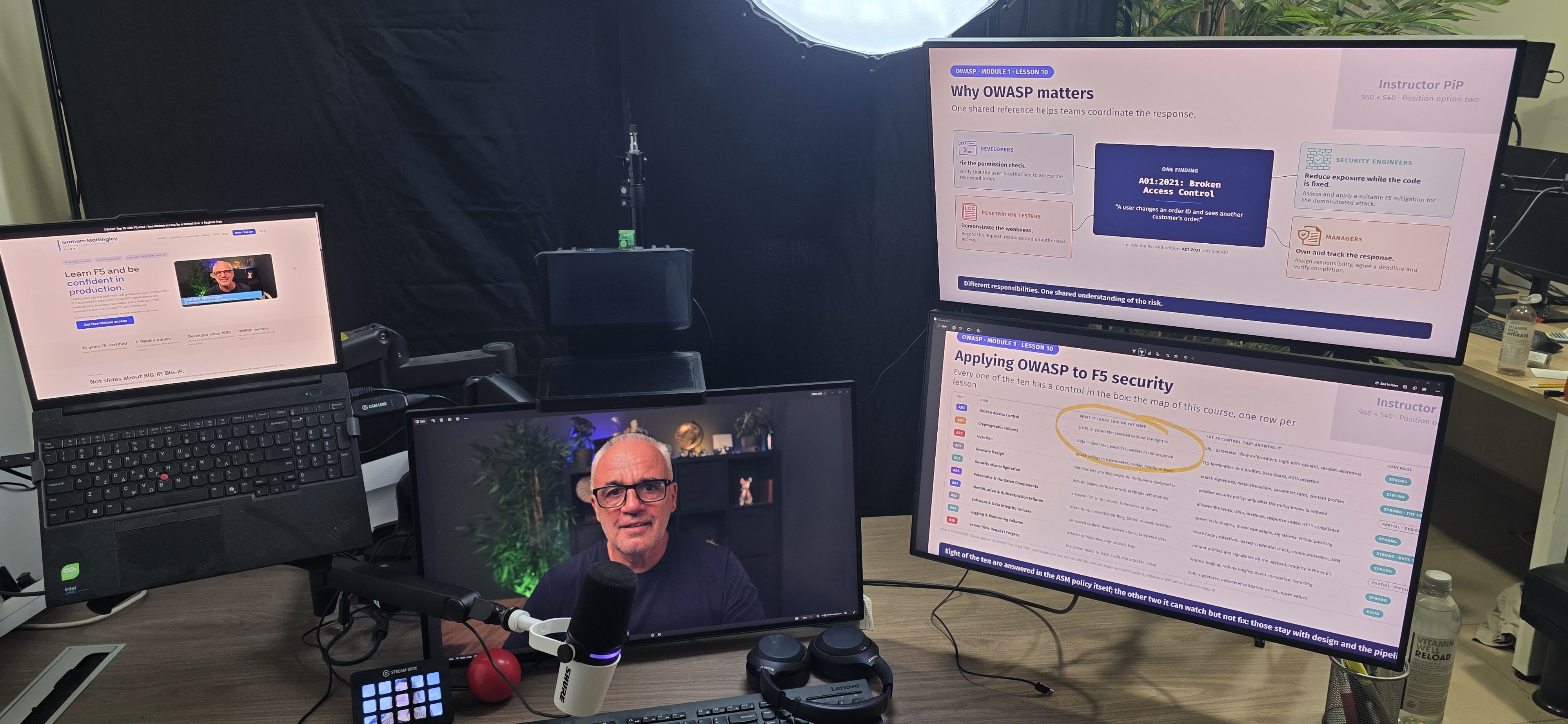 The studio where the courses are recorded: three screens, lesson slides and the recording rig