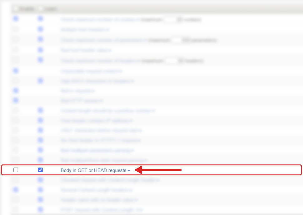 F5 ASM Learning and Blocking Settings, HTTP protocol compliance list with Body in GET or HEAD requests highlighted