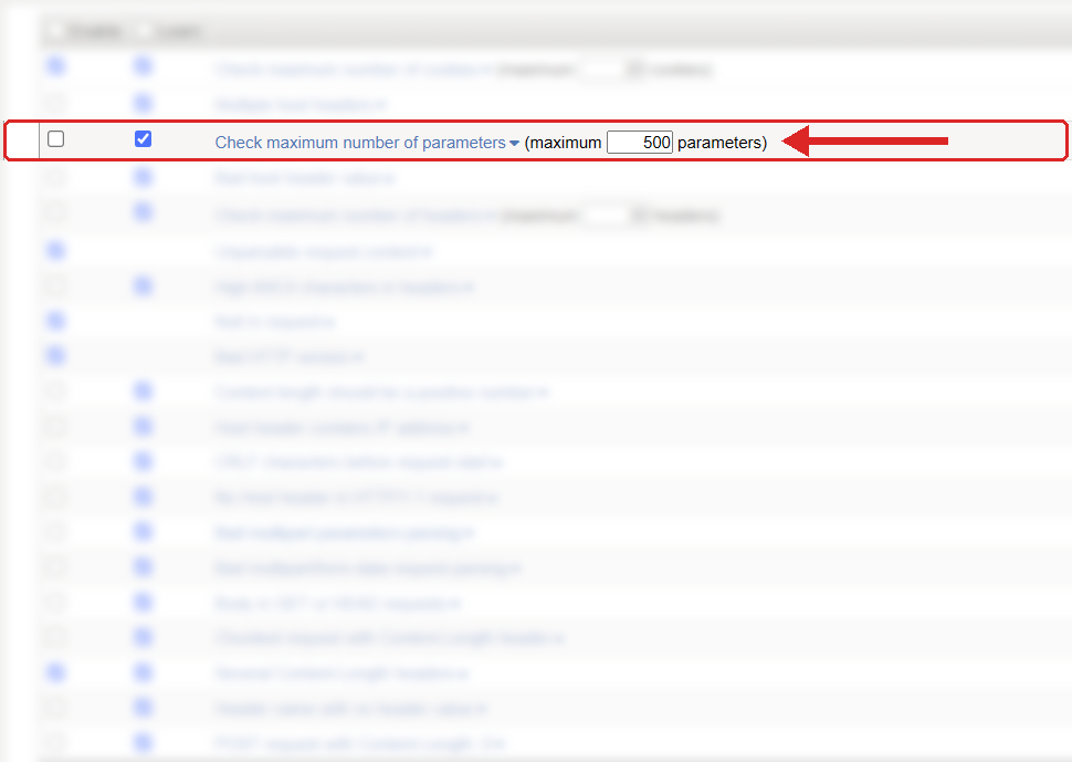 F5 ASM Learning and Blocking Settings, HTTP protocol compliance list with Check maximum number of parameters highlighted