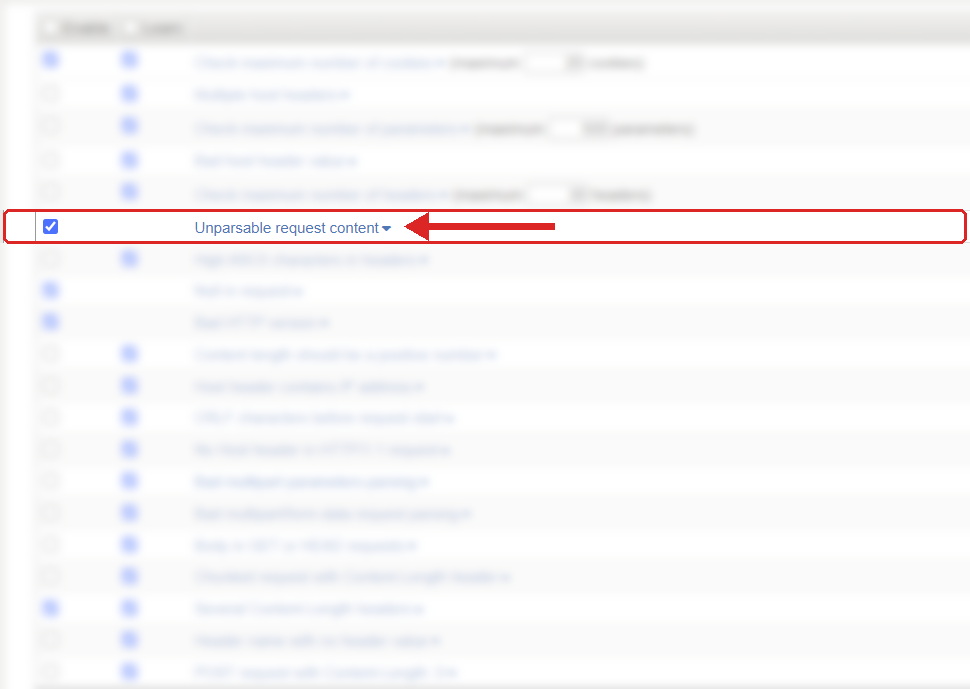 F5 ASM Learning and Blocking Settings, HTTP protocol compliance list with Unparsable request content highlighted