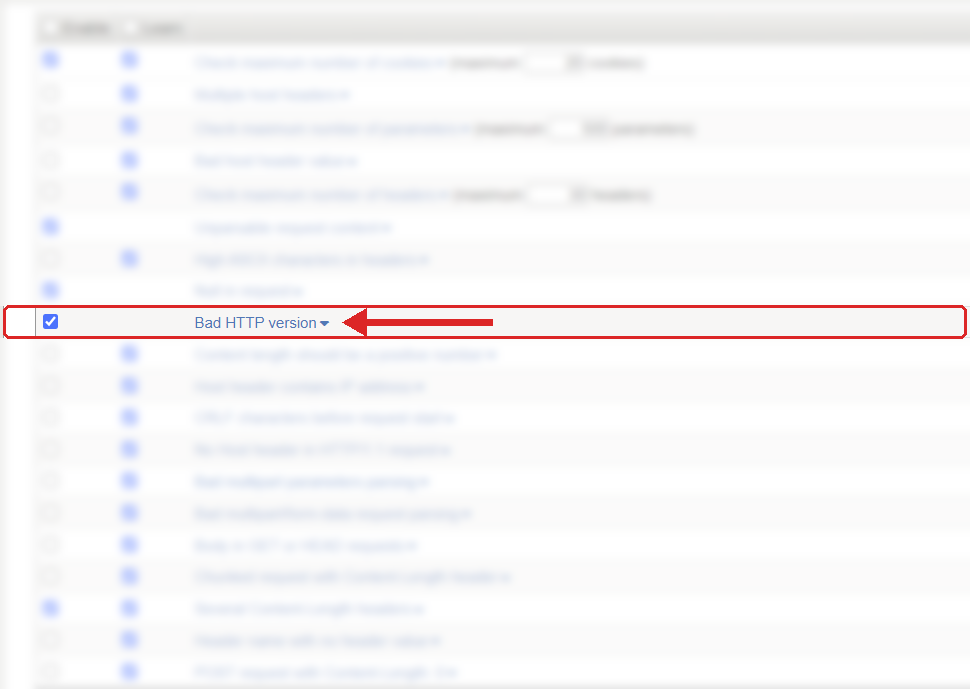 F5 ASM Learning and Blocking Settings, HTTP protocol compliance list with Bad HTTP version highlighted